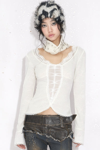 White Long-Sleeved Lace Knit Top