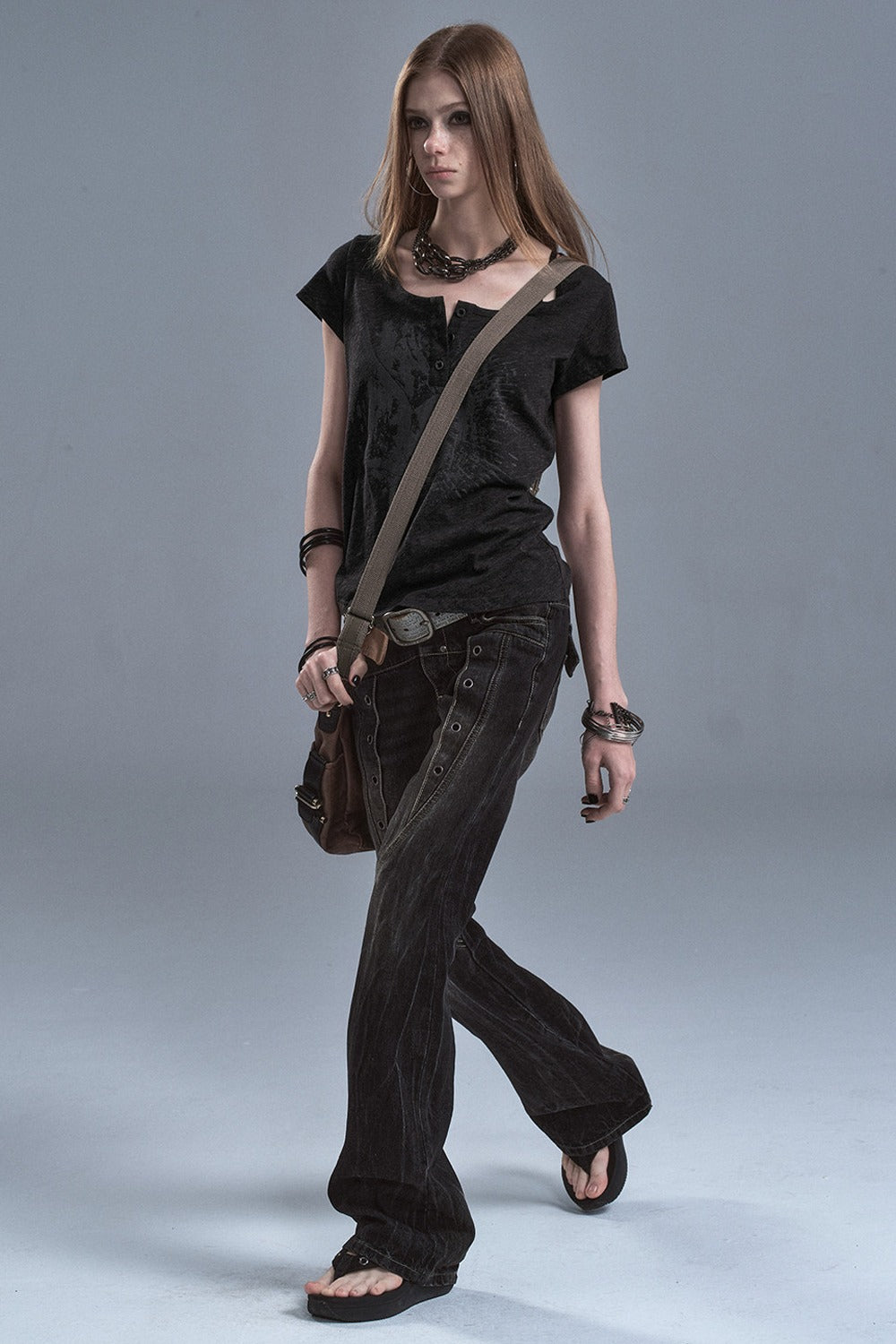 Washed Denim Flared Punk Pants