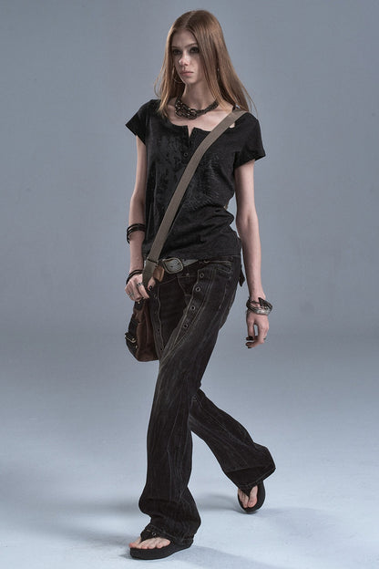 Washed Denim Flared Punk Pants