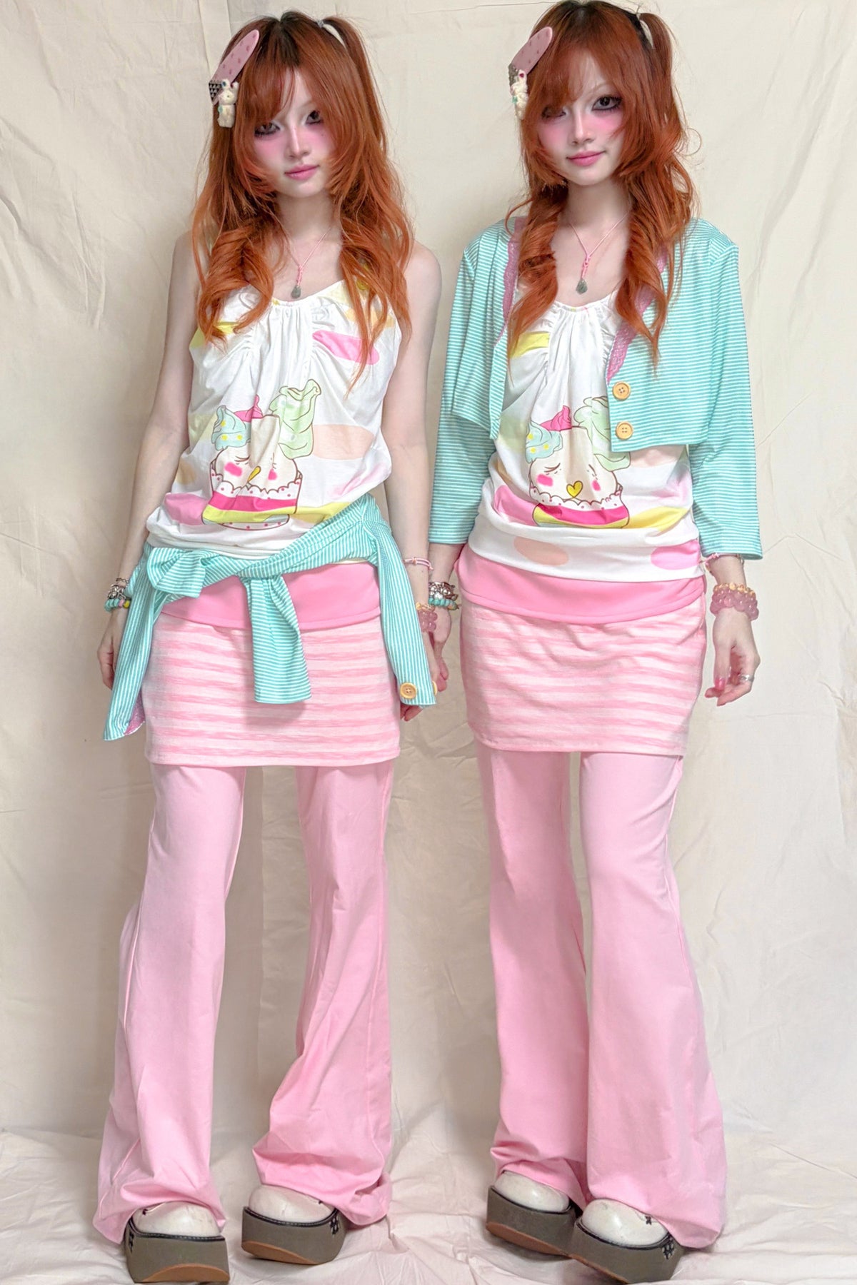 Pink Striped Fold-Over Waist Skirt Pants