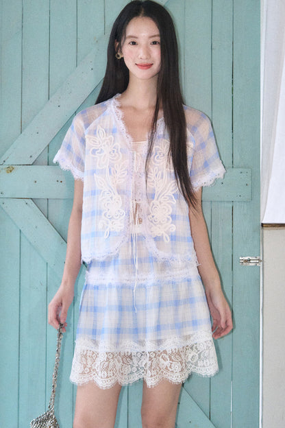 Blue White Checkered Lace Tencel Top Skirt Set-Up