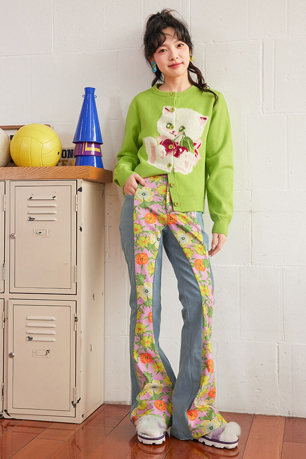 Green Cherry Cat Knit Cardigan Top