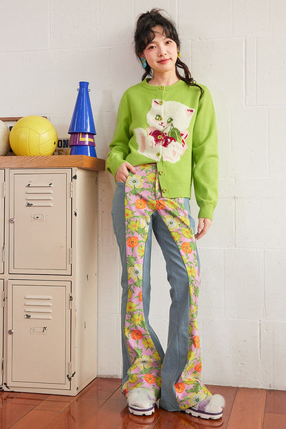 Green Cherry Cat Knit Cardigan Top