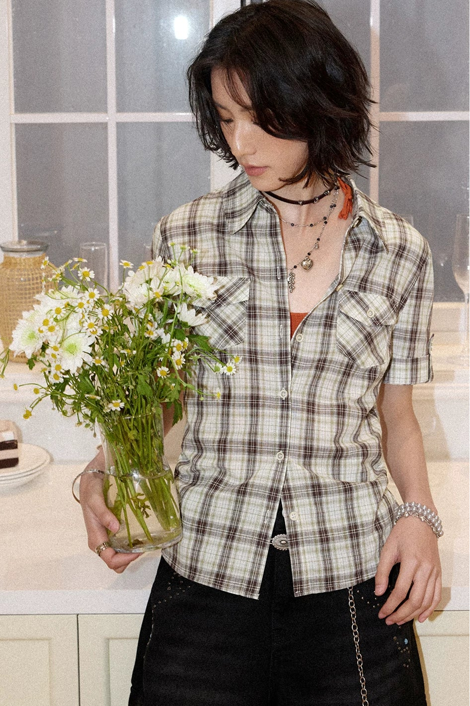 Color-Block Pocket Plaid Blouse