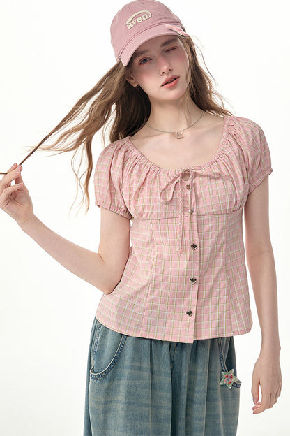 Pink Plaid Puff Sleeve Top