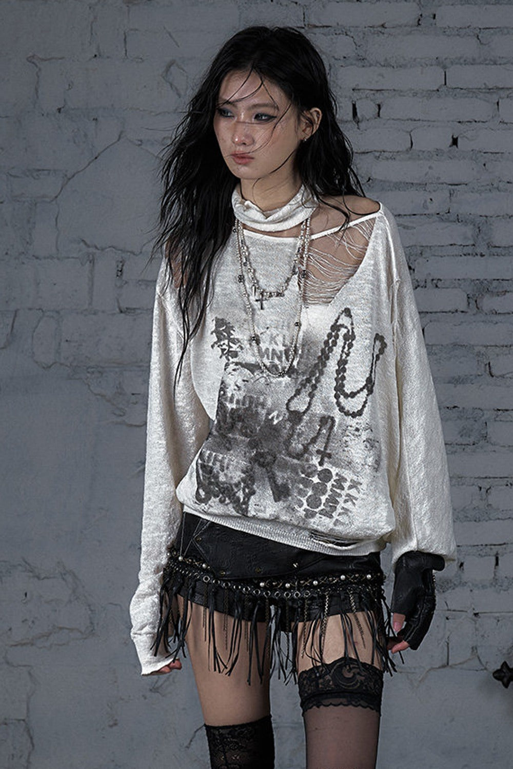 Ripped Off-Shoulder Punk Print Knit Top
