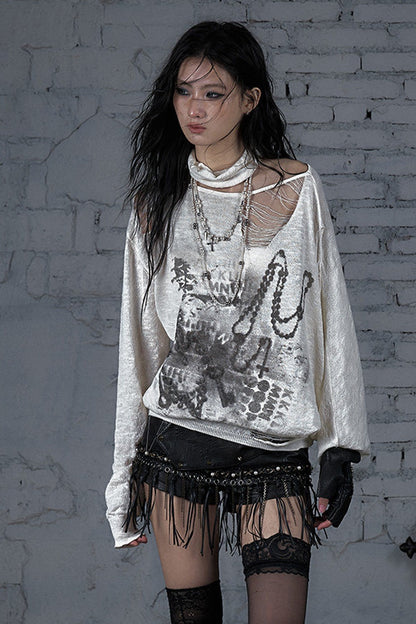 Ripped Off-Shoulder Punk Print Knit Top