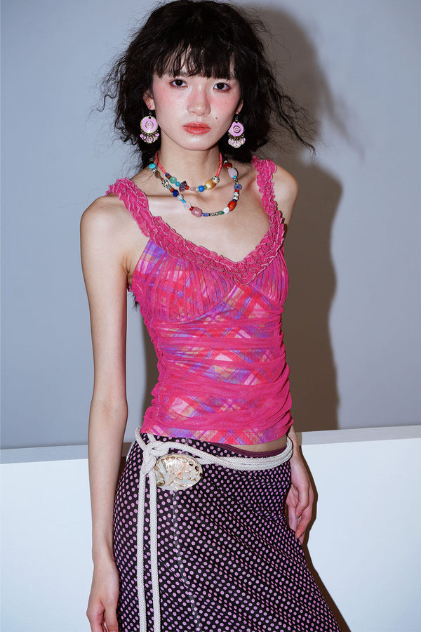Mesh Plaid Pleated Vest