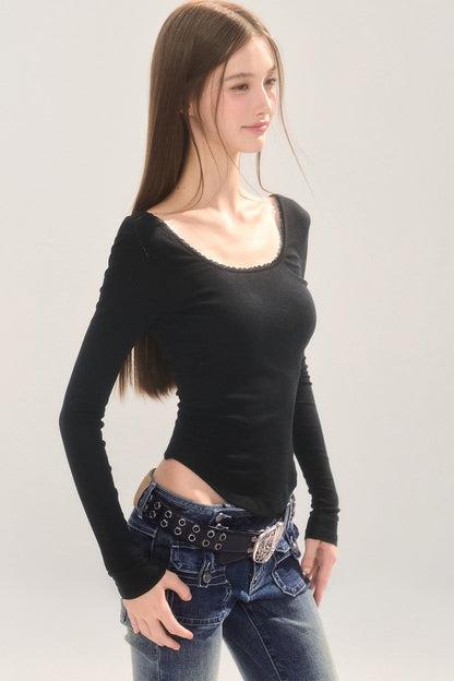 Lace Trim Backless Long Sleeve T-Shirt