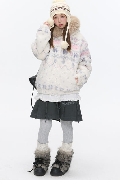 Beige Lamb Wool Fur Collar Jacket