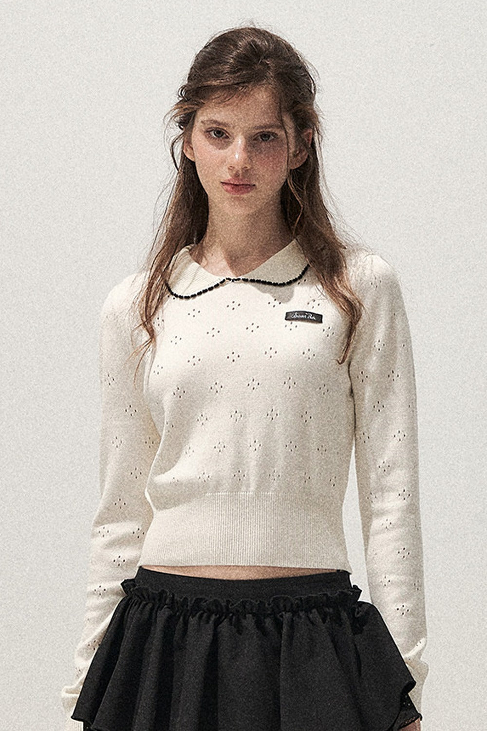 Collar Floral Hollow Knit Top