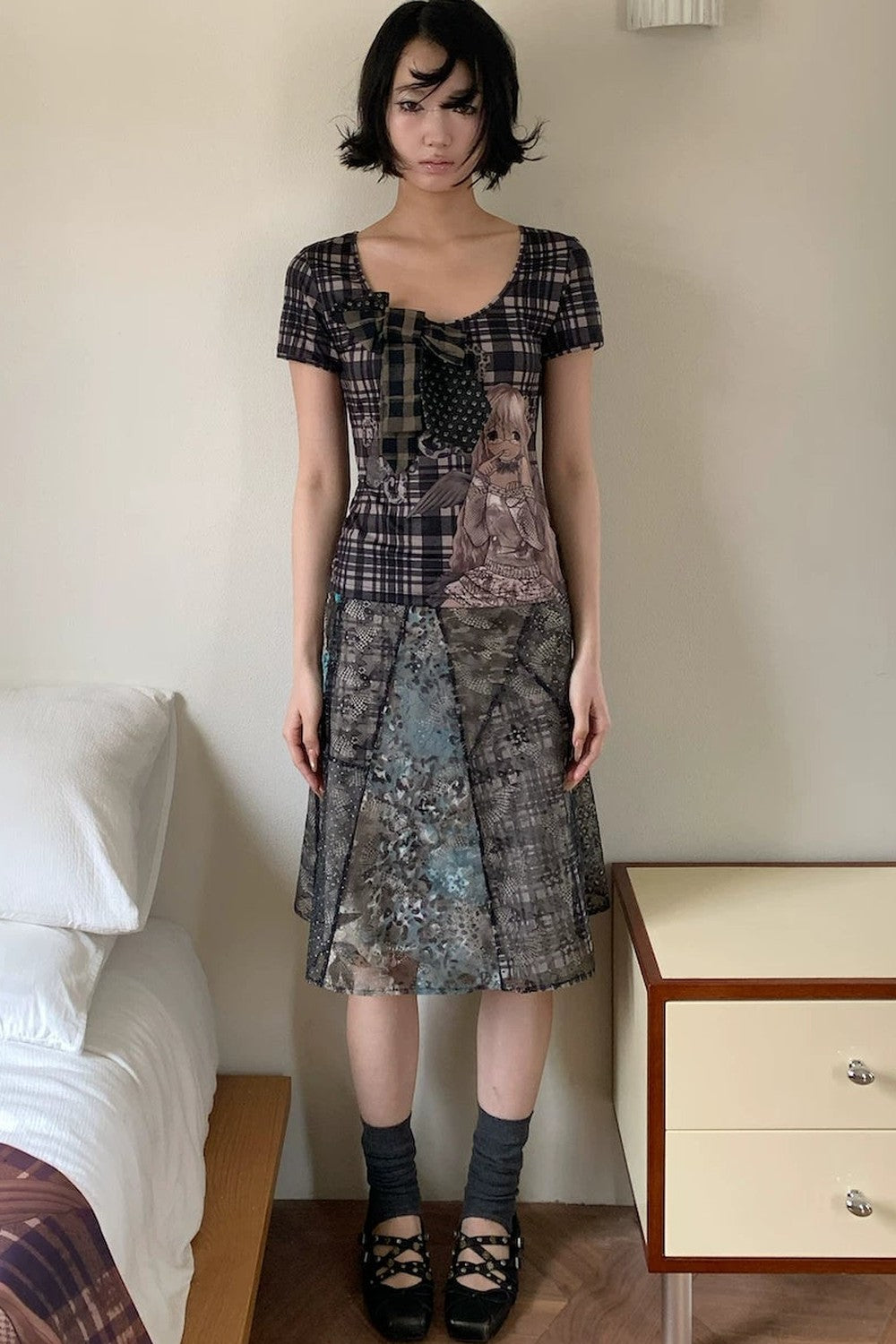 Asymmetrical Plaid Leopard Floral Midi Skirt