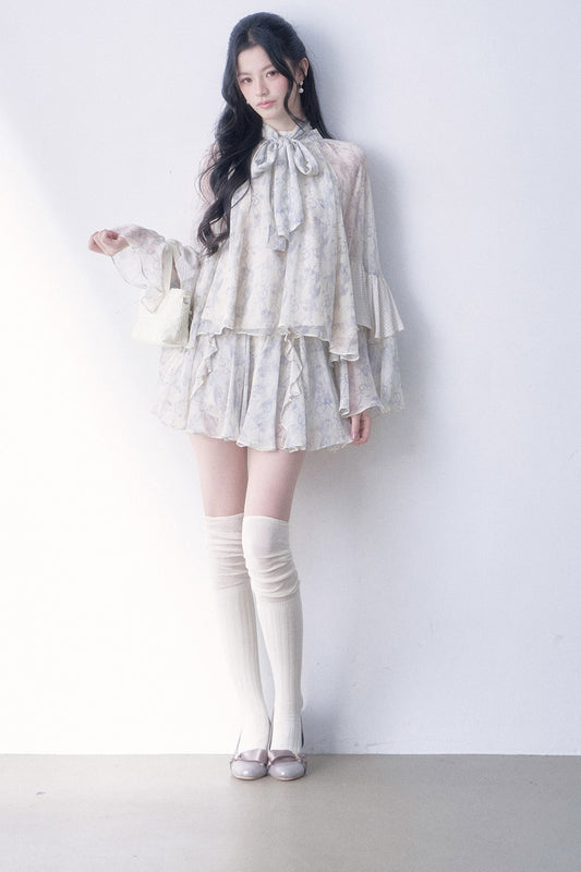 Retro Patchwork Ruffle Blouse Skirt Set-Up