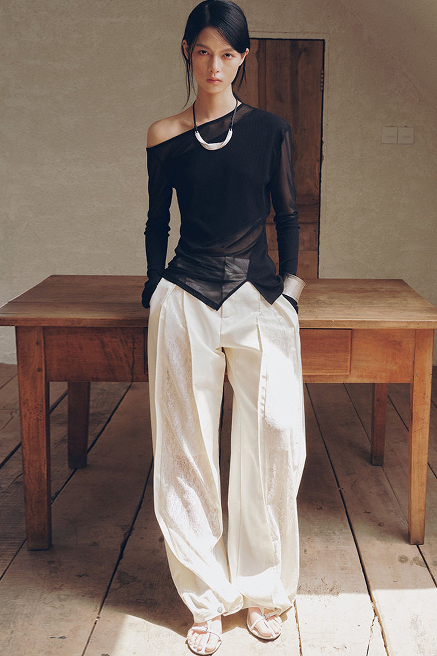Asymmetrical Sheer Long Sleeve Blouse