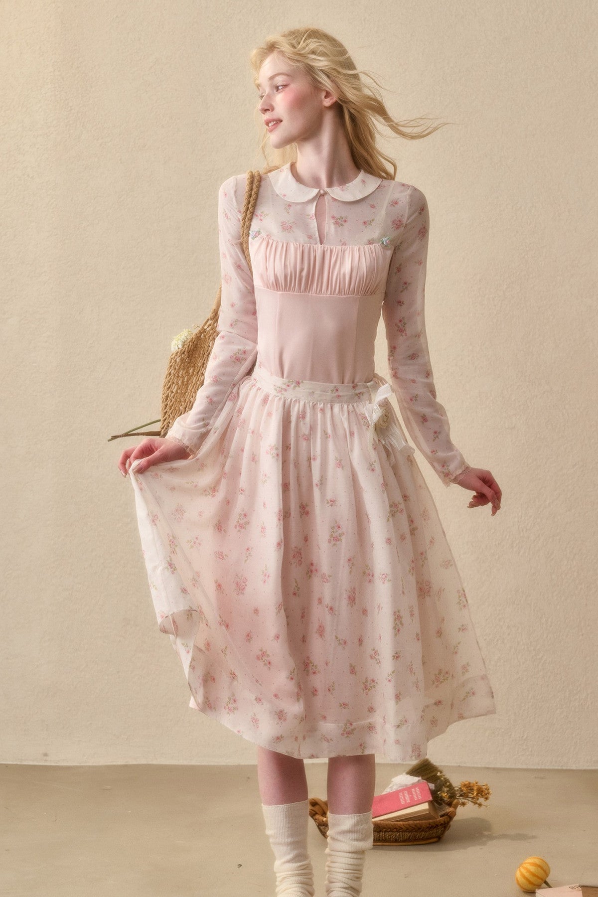 Peach Floral Satin Tencel Dress Set-Up