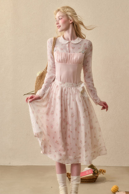 Peach Floral Satin Tencel Dress Set-Up