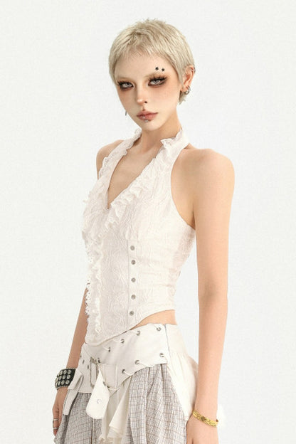 Weißes Neckholder-Spitzentop mit geraffter Taille