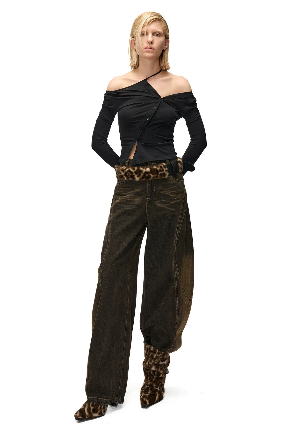 High-Elastic Diagonal Placket Long-Sleeve T-Shirt