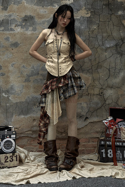 Patchwork Plaid Asymmetrical Skirt
