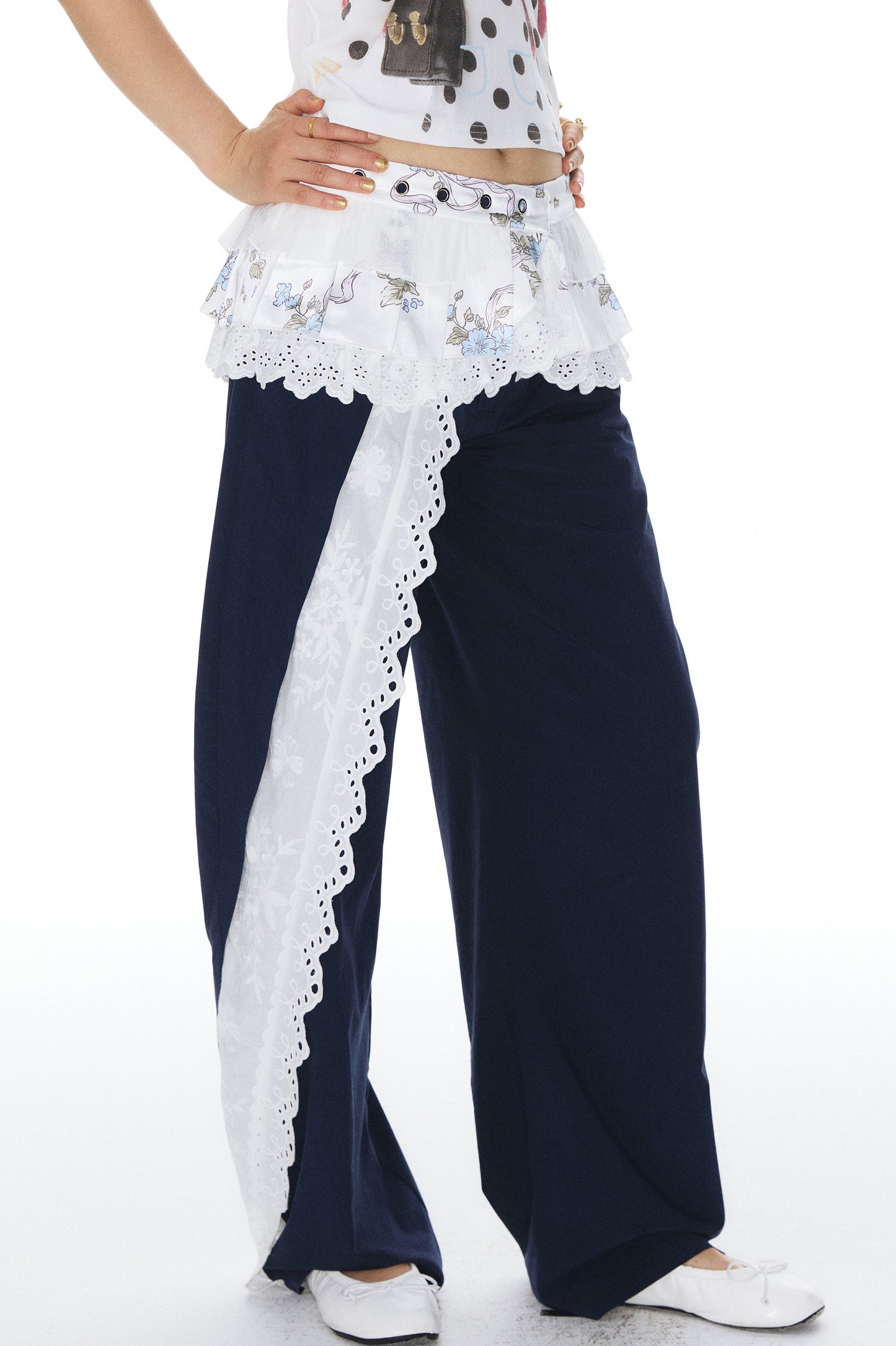 Navy Lace Trim Pants