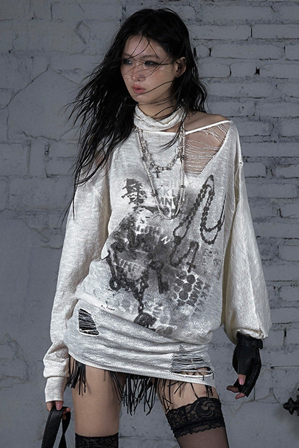 Ripped Off-Shoulder Punk Print Knit Top