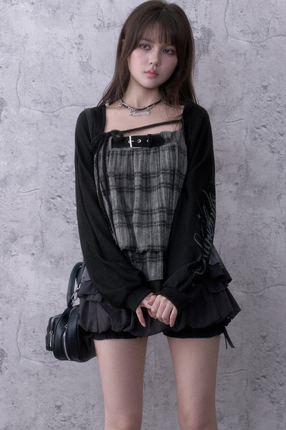 Dark Print Knitted Lantern Sleeve Cover-Up