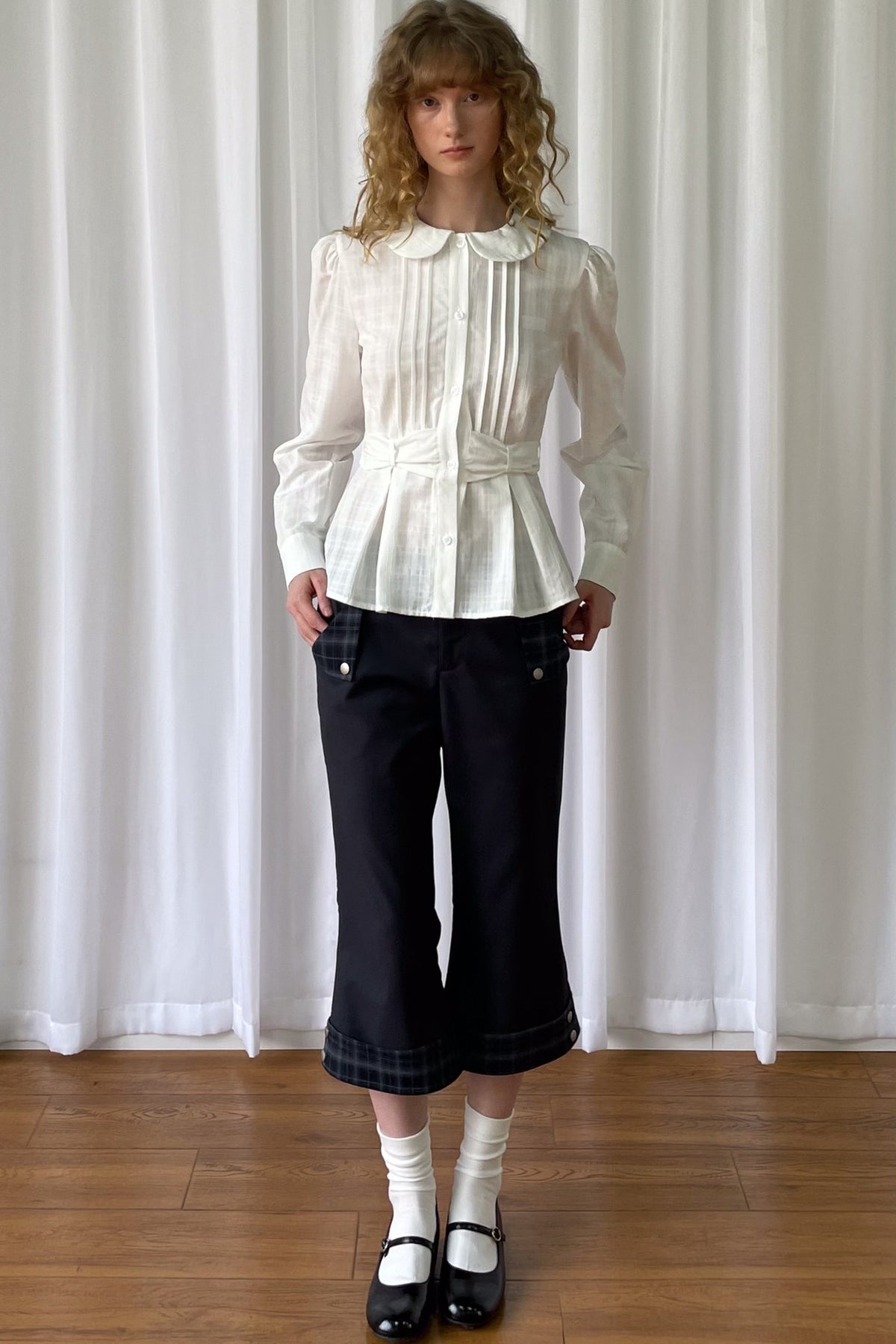 Low-Waisted Plaid Straight-Leg Buttoned Rolled Hem Pants