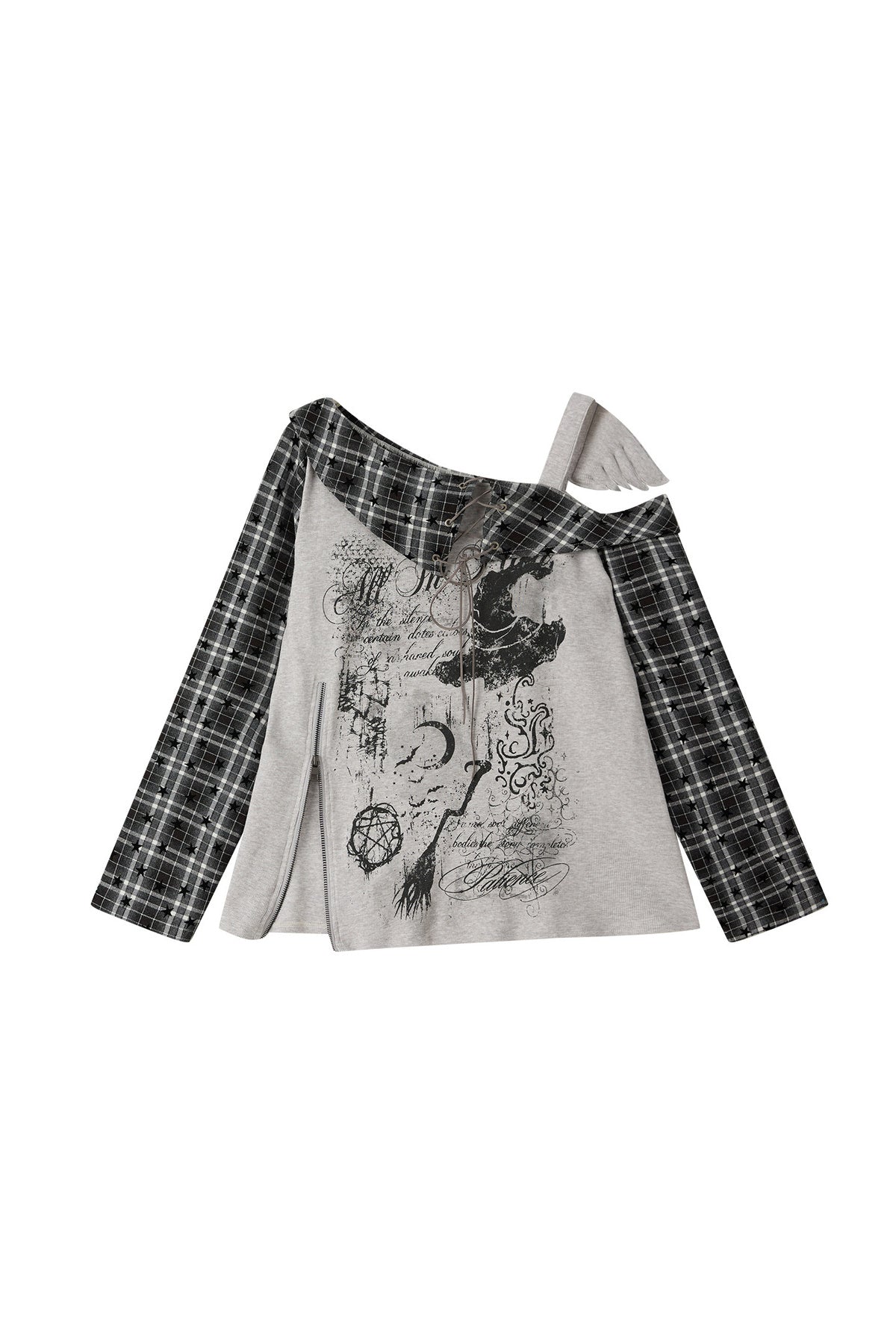 Plaid Wing Off-Shoulder Long-Sleeve T-Shirt