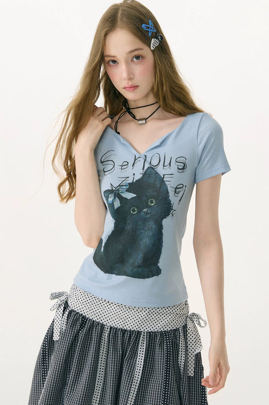 Black Cat V-Neck T-Shirt