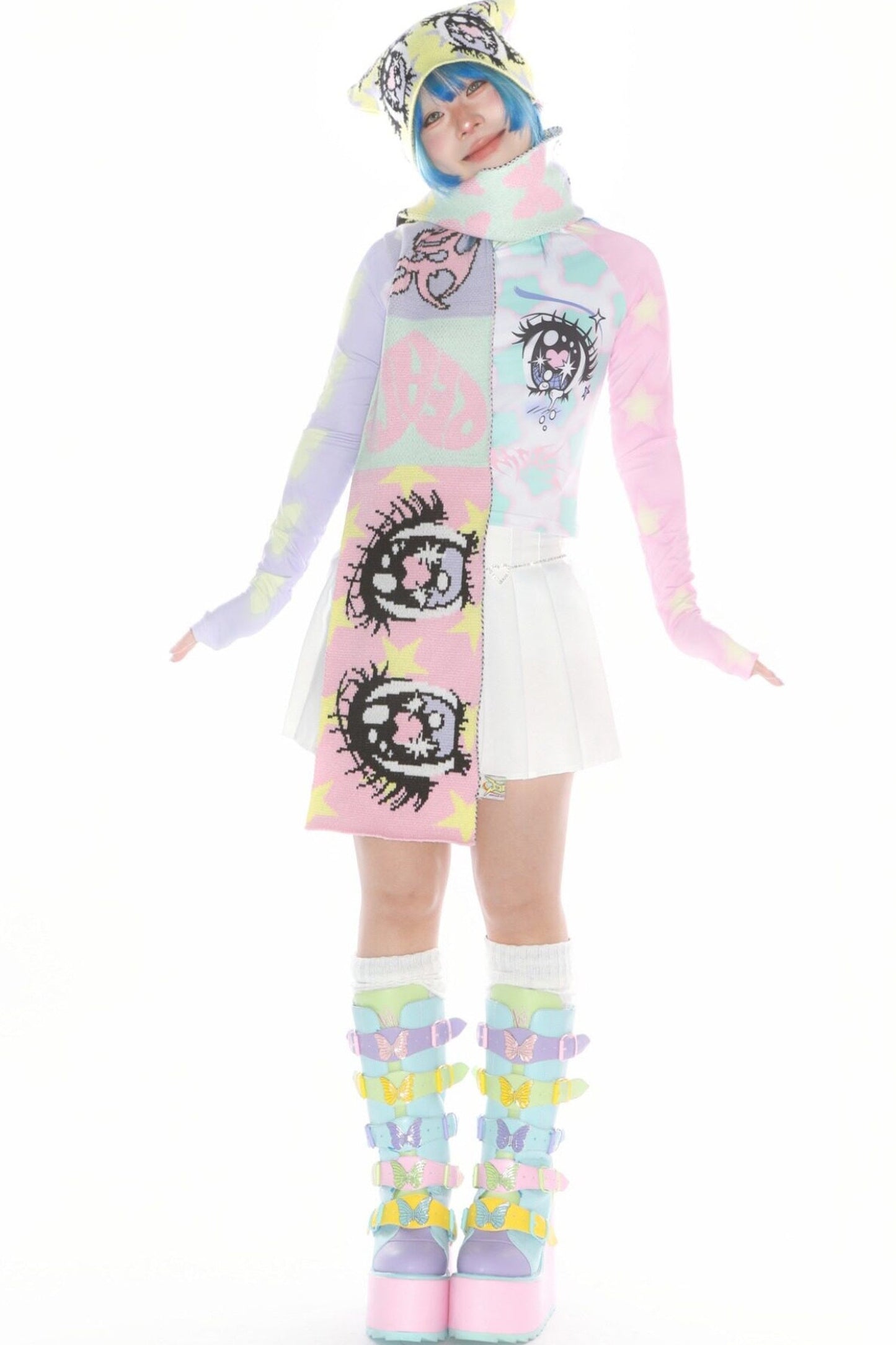 Comic Eye Knitted Long Scarf Set-Up