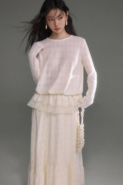 Plaid Lace Long Sleeve T-Shirt Skirt Set-Up