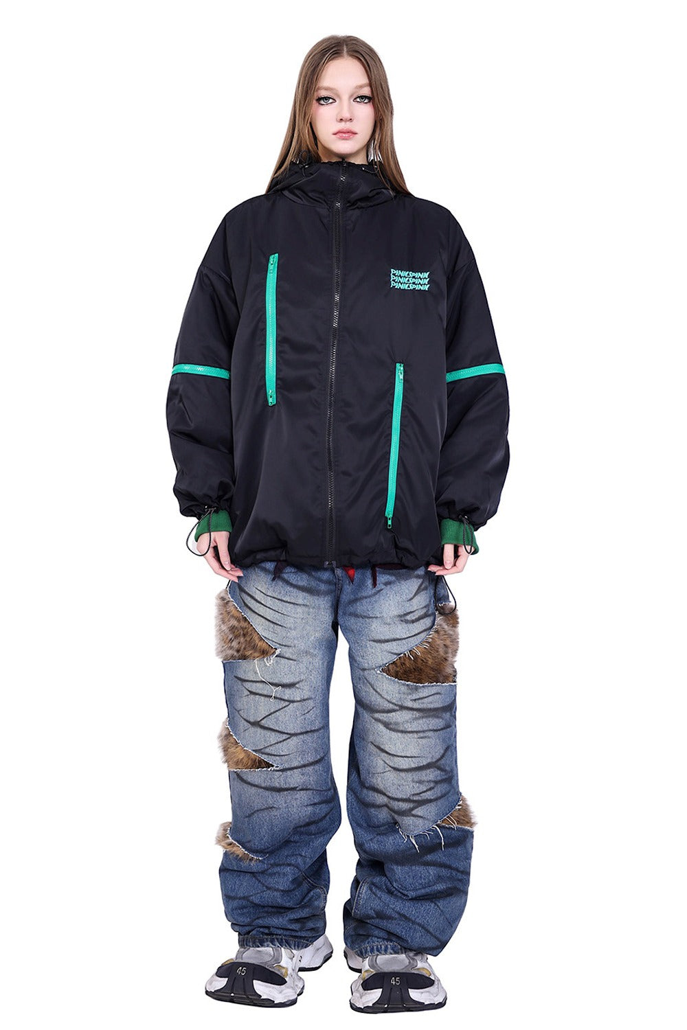 Leopard Fur Patched Loose Denim Jeans