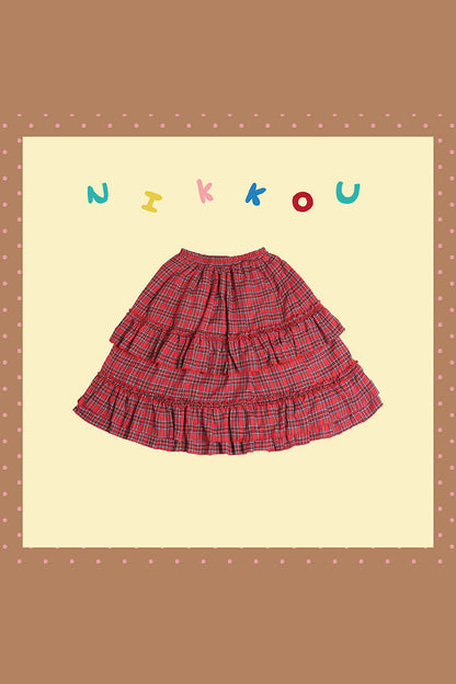 Panda Breakfast House Red Plaid Lace Skirt