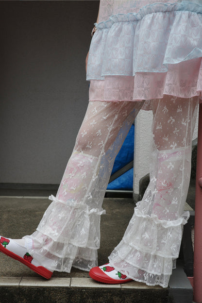Bow Print Lace Flared Trousers