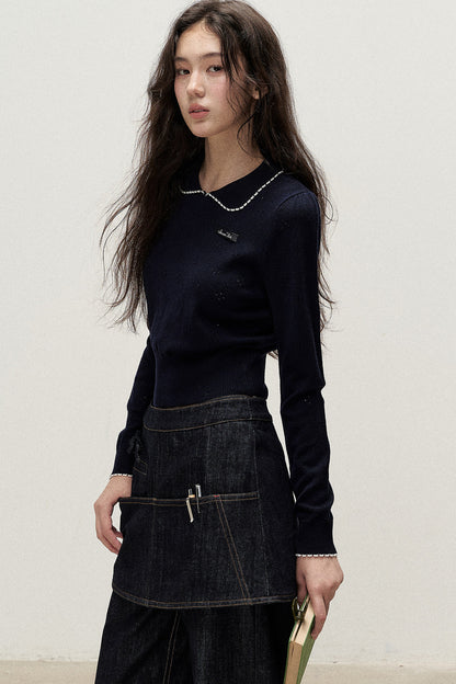 Collar Floral Hollow Knit Top