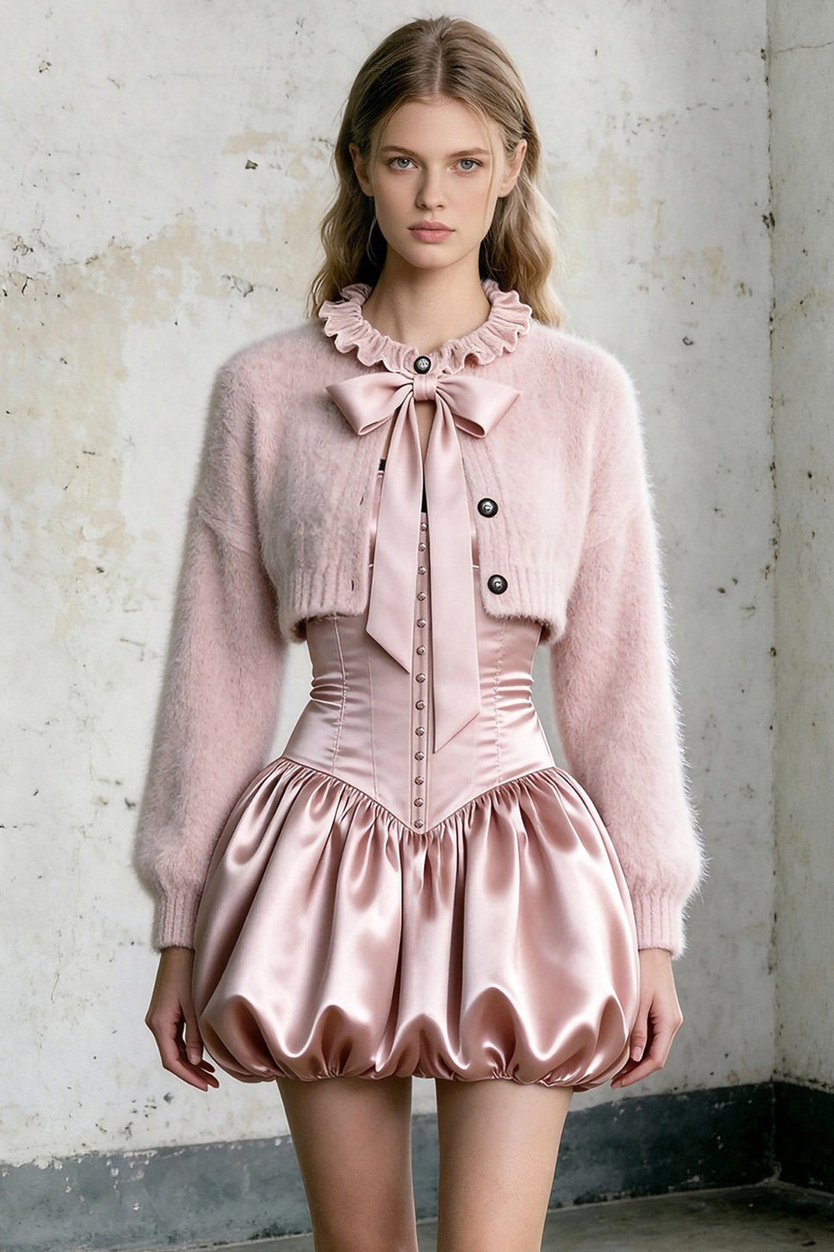 Set aus Strickjacke mit Spitzenkragen und Schleife und Kleid