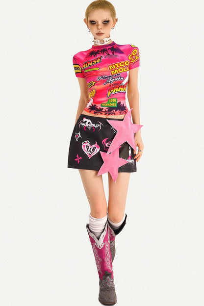 Cartoon Print Leather Skirt