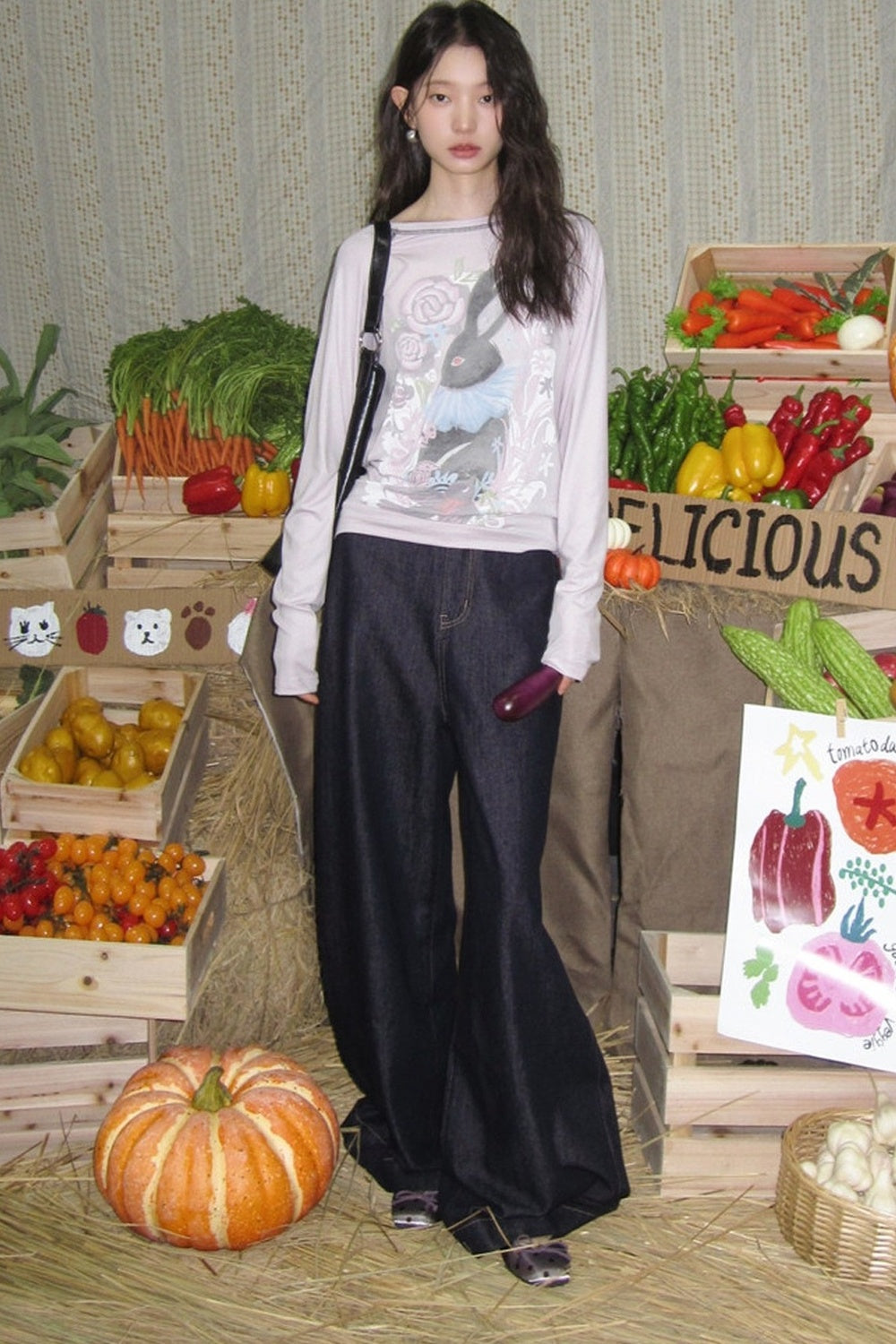 Bunny Print Tencel Long-Sleeved T-Shirt and Pants Set-Up