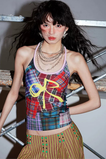 Color-Block Plaid Bow Camisole