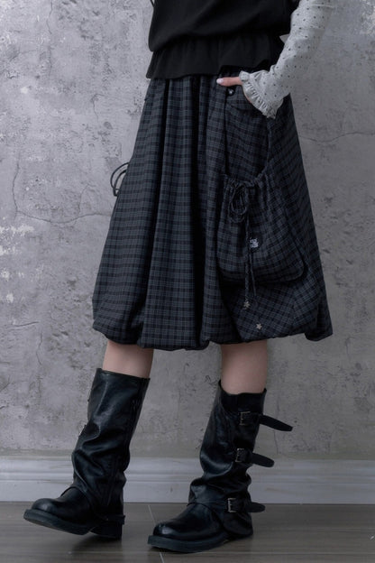 Black Gray Plaid Mid-Length Skirt Set-Up