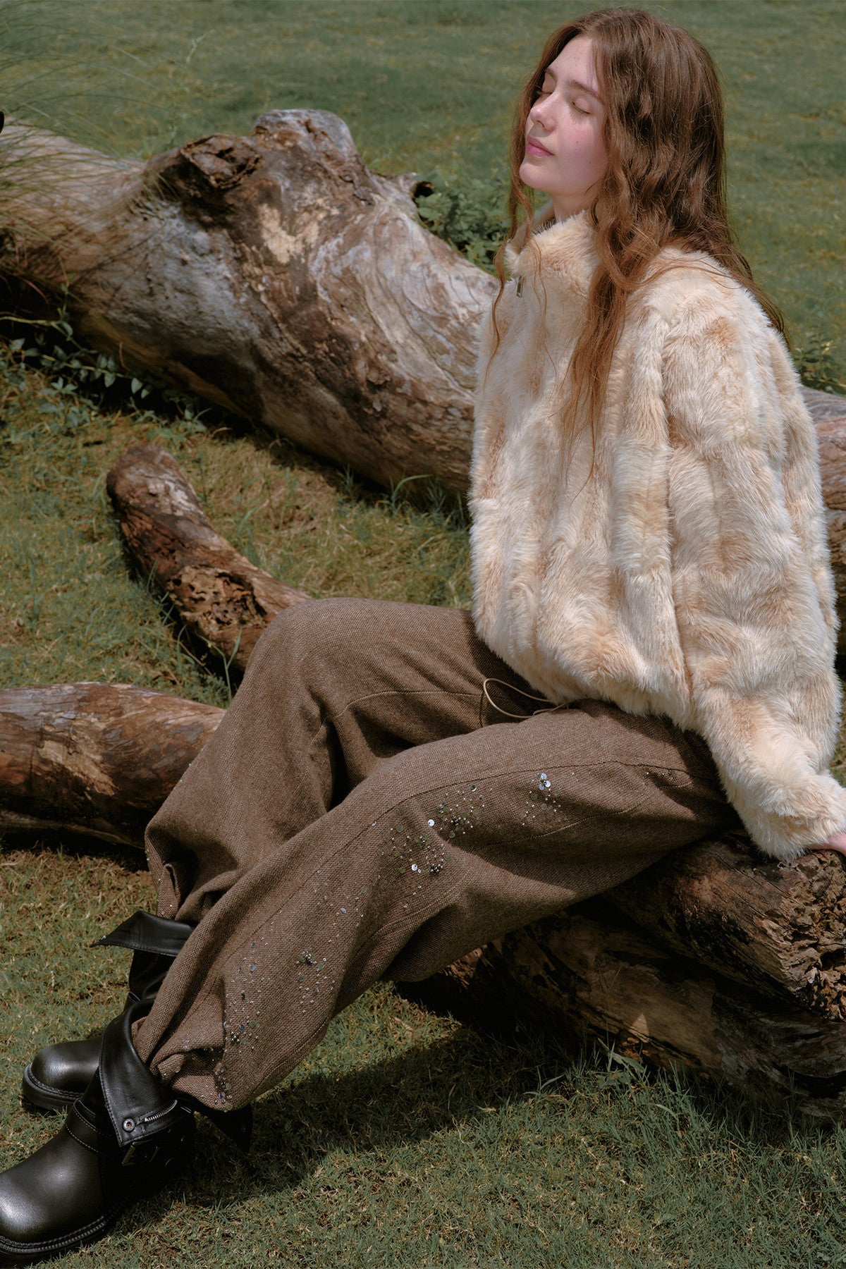 High-Waisted Loose Beaded Patchwork Wool Tweed Pants