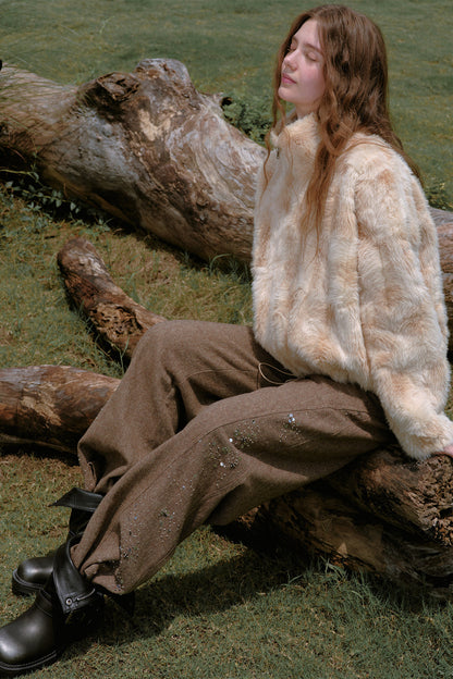 High-Waisted Loose Beaded Patchwork Wool Tweed Pants