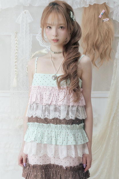 Pink Green Polka Dot Lace Ruffle Dress