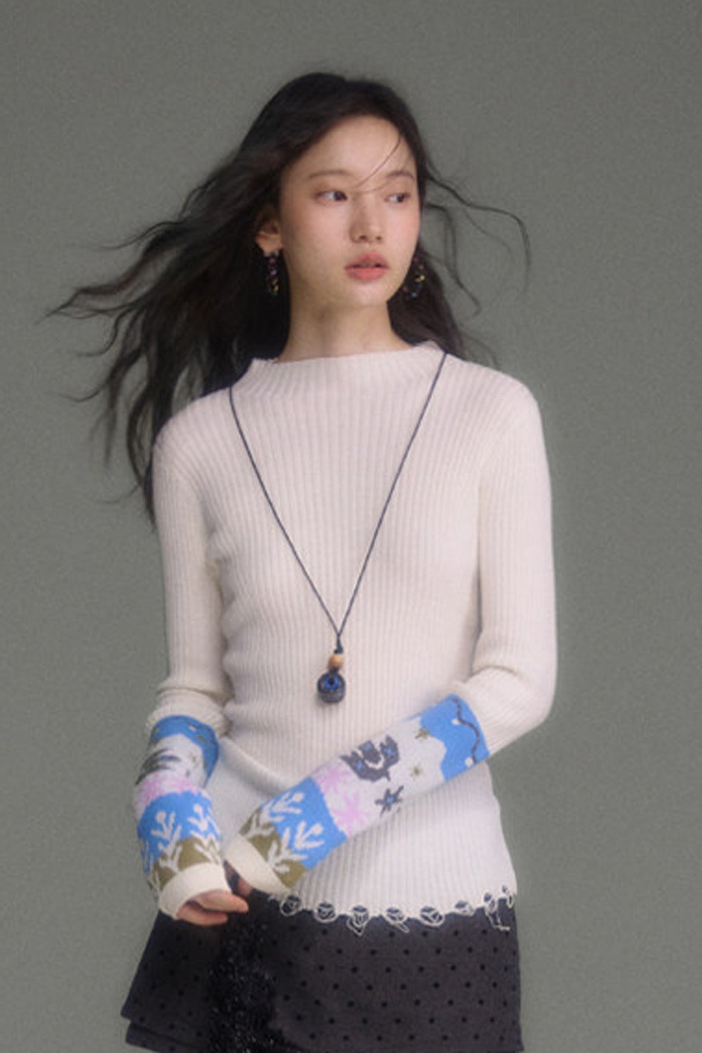 Wool Blend Bird Jacquard Knit Top