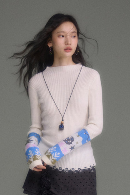 Wool Blend Bird Jacquard Knit Top