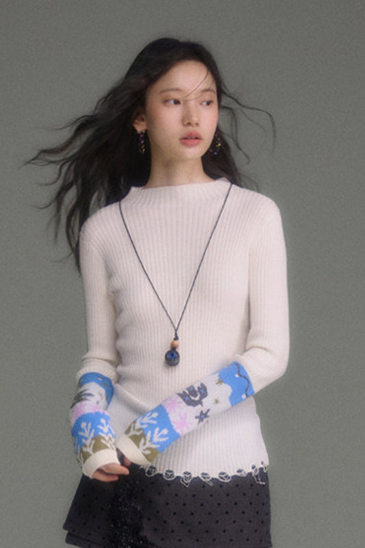 Wool Blend Bird Jacquard Knit Top