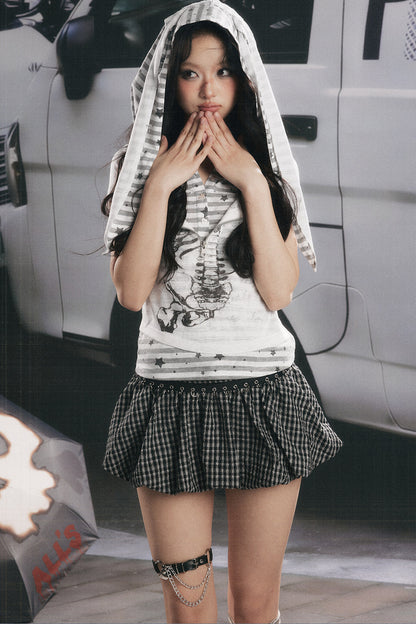 Striped Collar Skeleton Graphic Hooded Top