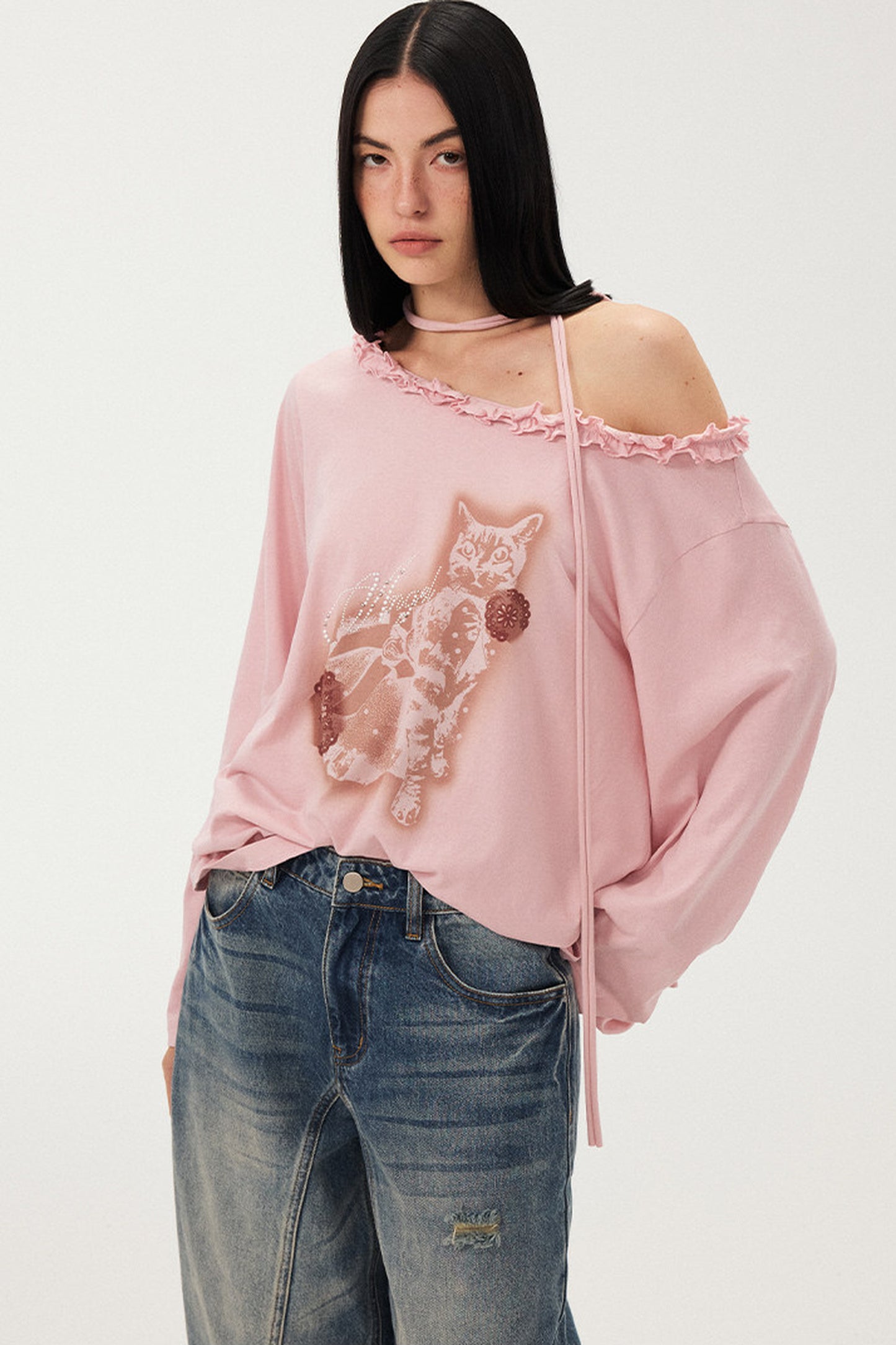 Cat Print Ruffle Off Shoulder Top