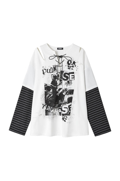Striped Graphic Off-Shoulder T-Shirt