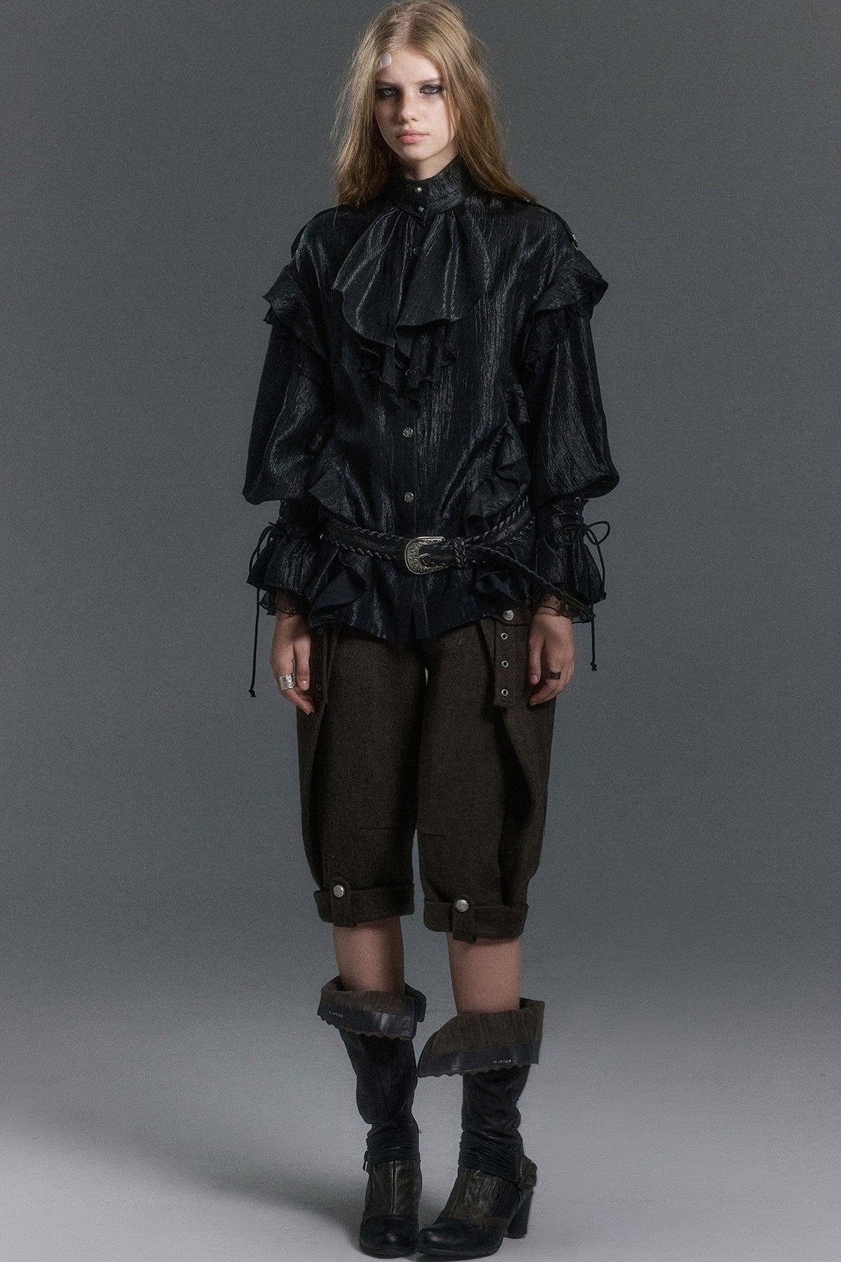 High Collar Ruffle Acetate Shirt